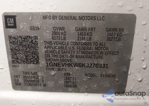 2019 Chevrolet Traverse 3Lt z USA, uszkodzony, nr VIN 1GNEVHKW6KJ270331